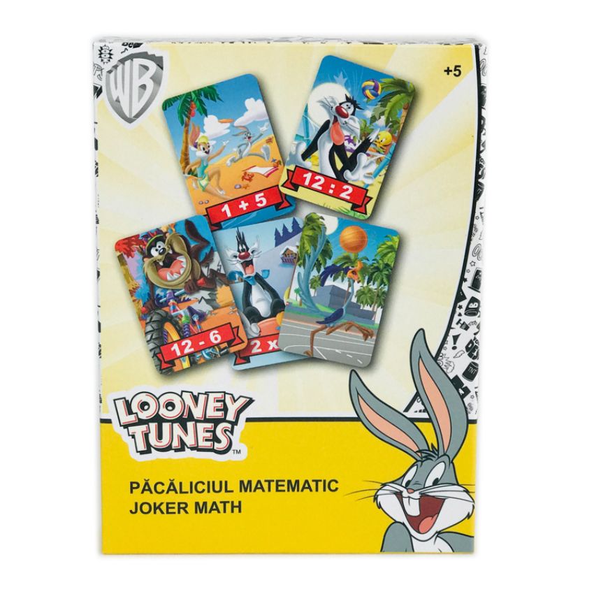 Joc educativ-Pacaliciul matematic Looney Tunes cu 48 carti cu operatii matematice, o carte joker, tabla inmultirii, tabla adunarii si instructiuni de joc