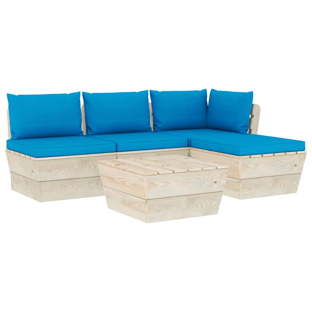 Mobilier de gradina din paleti cu perne colorate cu 5 piese, vidaXL, Lemn, 60 x 60 x 65 cm, Albastru