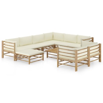Set mobilier de gradina cu 10 piese cu perne albe, vidaXL, Bambus, 65 x 70 x 60 cm, Maro/Alb Set mobilier de gradina cu 10 piese cu perne albe, vidaXL, Bambus, 65 x 70 x 60 cm, Maro/Alb