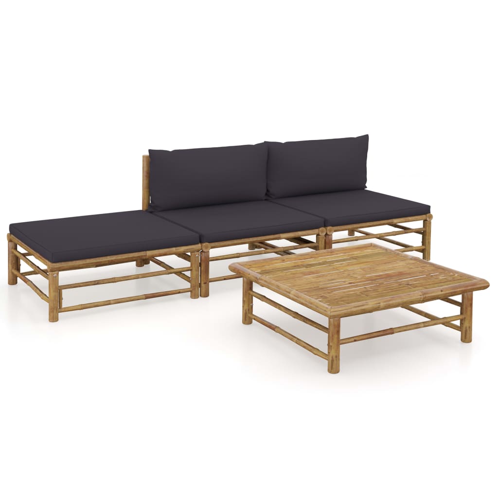 Set mobilier de gradina din 4 piese cu 5 perne colorate gri inchis, vidaXL, Bambus, 65 x 70 x 60 cm, Maro