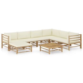 Set mobilier de gradina cu 8 piese cu perne albe, vidaXL, Bambus, 65 x 70 x 60 cm, Maro/Alb Set mobilier de gradina cu 8 piese cu perne albe, vidaXL, Bambus, 65 x 70 x 60 cm, Maro/Alb