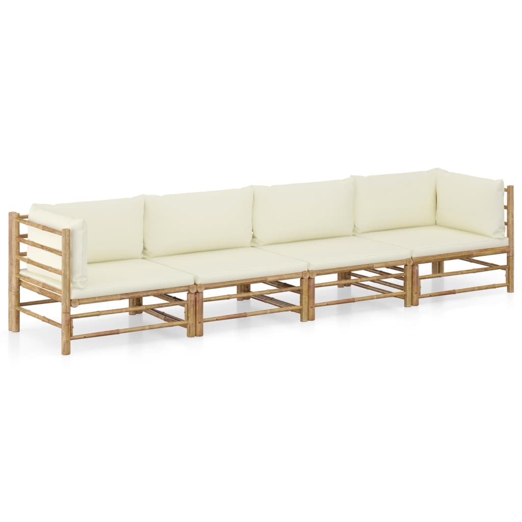 Mobilier de gradina cu perne albe cu 4 locuri, vidaXL, Bambus, 65 x 70 x 60 cm, Maro/Alb