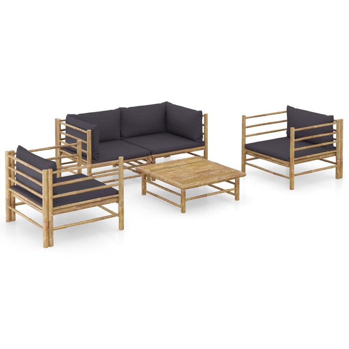 Set mobilier de gradina cu 5 piese cu perne gri inchis, vidaXL, Bambus, 65 x 70 x 60 cm, Maro