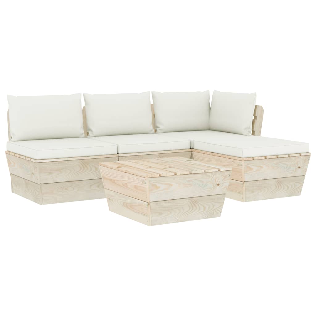 Mobilier de gradina din paleti cu perne colorate cu 5 piese, vidaXL, Lemn, 60 x 60 x 65 cm, Crem