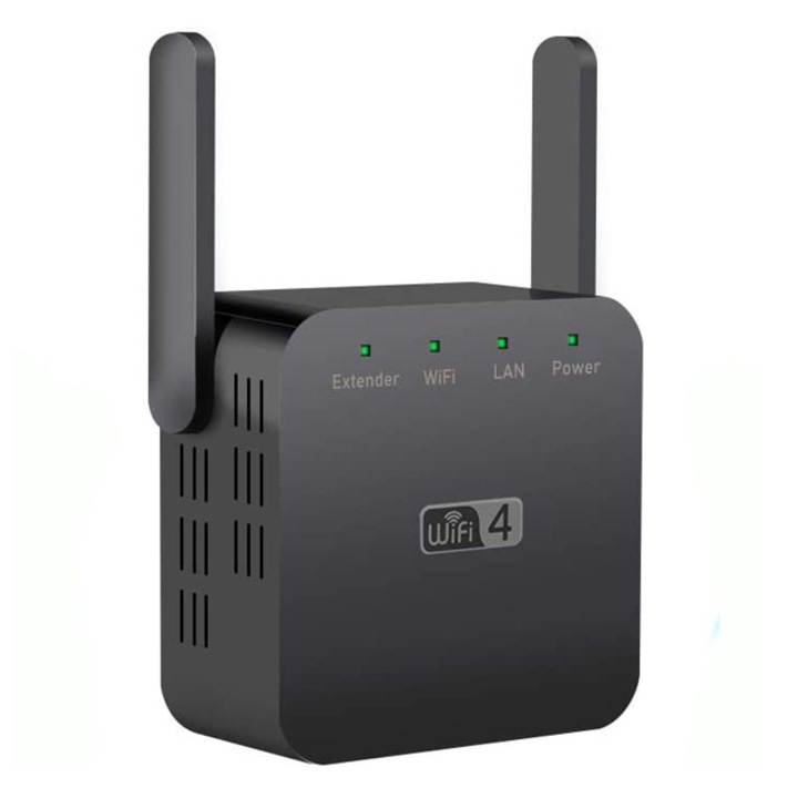 Amplificator Semnal Retea Wireless, Vaxiuja, WiFi repeater,transmisie 300Mbps,Retea 2.4 GHz, conexiune WPA si WPA2, 2 antene externe, cu Port LAN,Negru