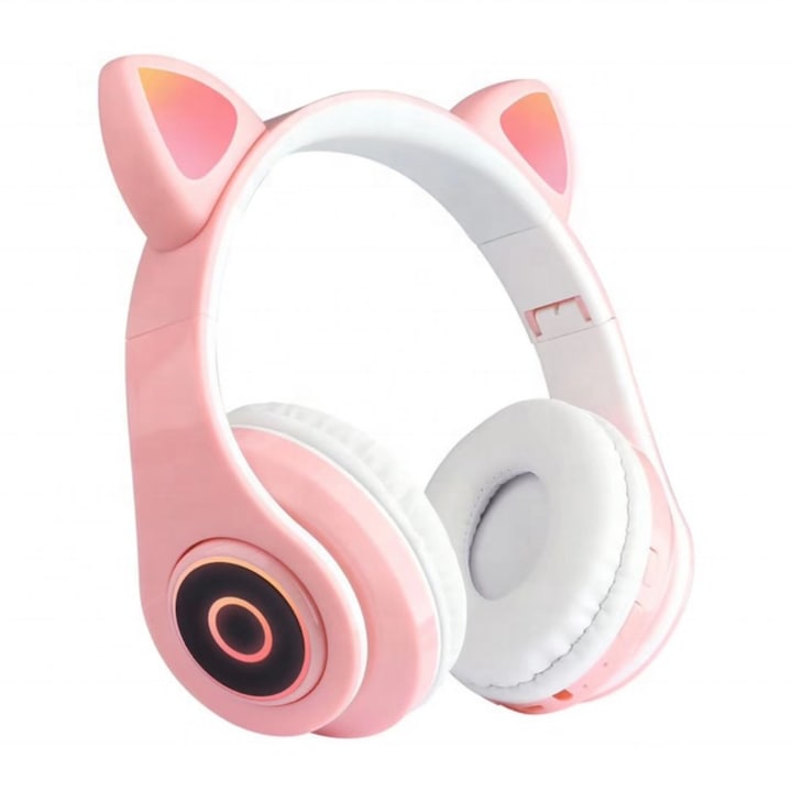 OEM Vezeték nélküli fejhallgató cica füllel, Összecsukható fejhallgató, Beépített mikrofon, Bluetooth 5.0, Sztereó, Kihangosító, HiFi, Mély, LED, MP3 lejátszó, Rózsaszín / Fehér