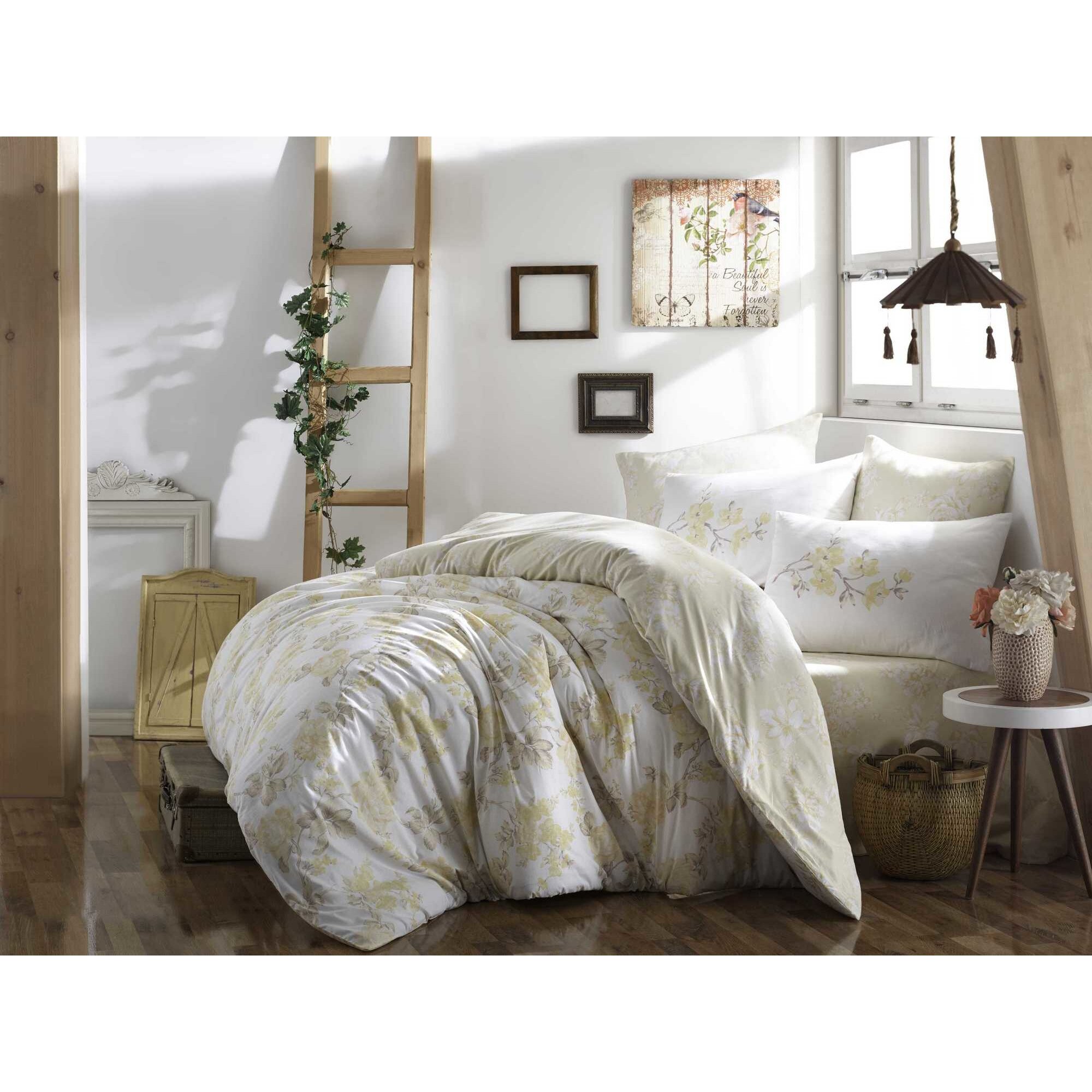 Lenjerie de pat bumbac 100% poplin, Hobby Home, Alise - Yellow, dimensiuni cearsaf pat 240x260 , dimensiuni husa pilota 200x220