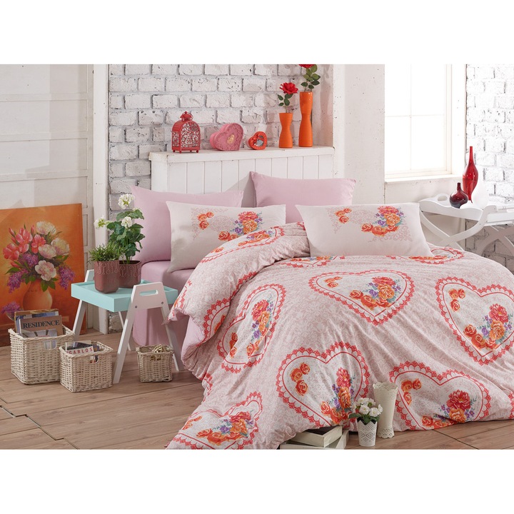 Lenjerie de pat bumbac 100% poplin, Hobby Home, Lovely - Pink, dimensiuni cearsaf pat 240x260, dimensiuni husa pilota 200x220