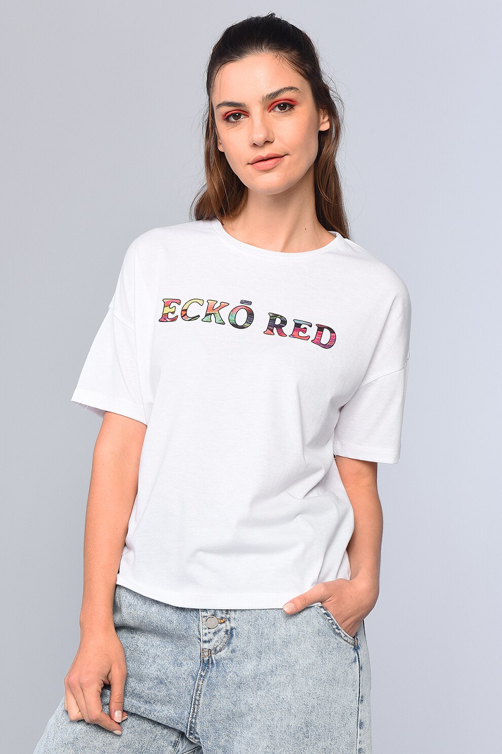 Ecko, Tricou regular fit cu logo contrastant Taite, Alb