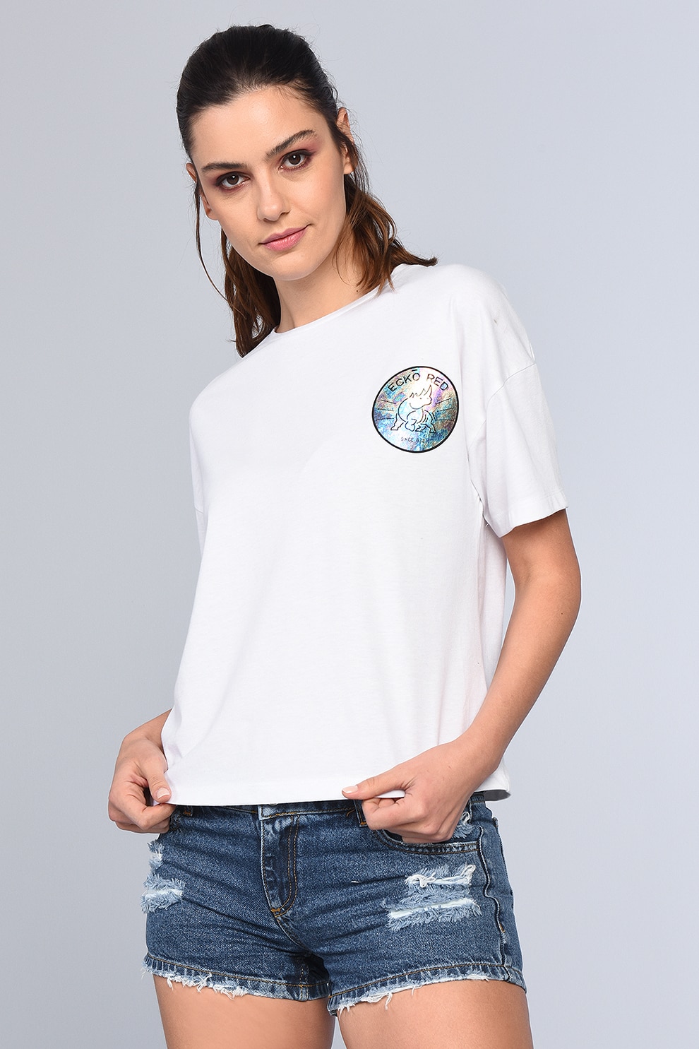 Ecko, Tricou cu decolteu la baza gatului si imprimeu Trista, Alb, XL