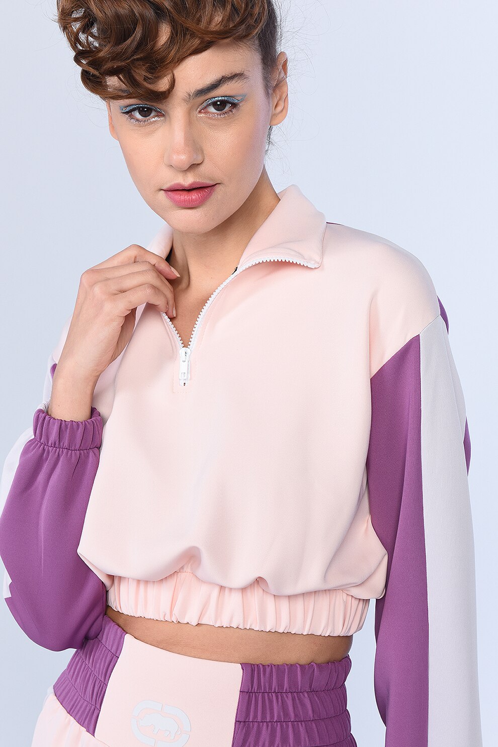 Ecko, Bluza sport crop cu fenta cu fermoar Star, Violet/roz pal