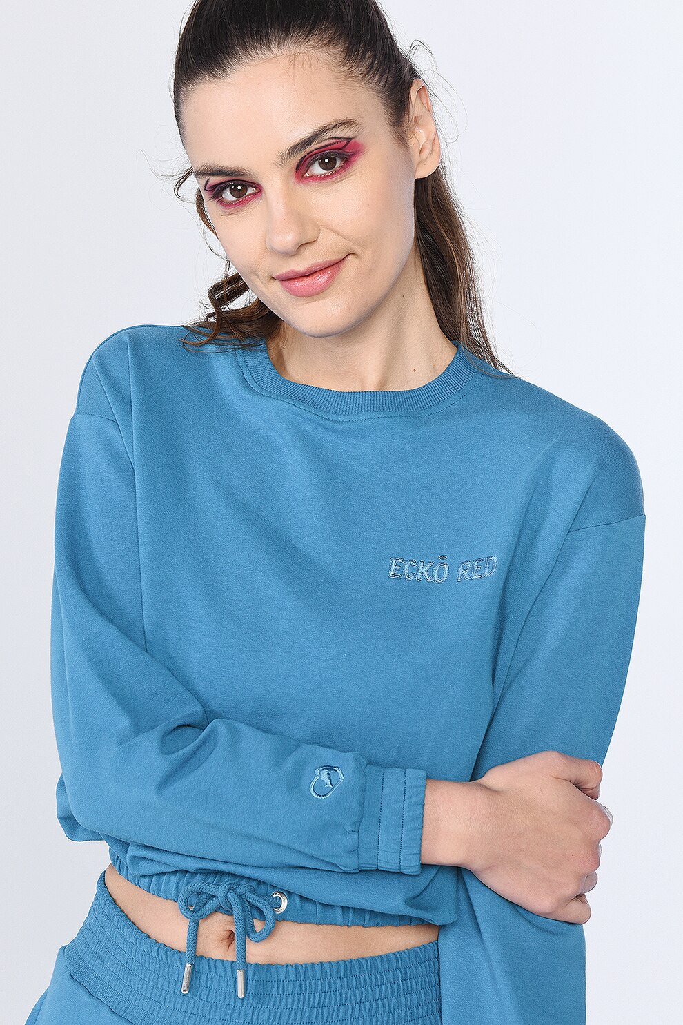 Ecko, Bluza sport crop cu decolteu la baza gatului Steward, Albastru