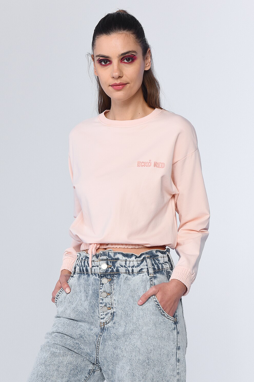 Ecko, Bluza sport crop cu snur la terminatie Steward, Roz pastel, M