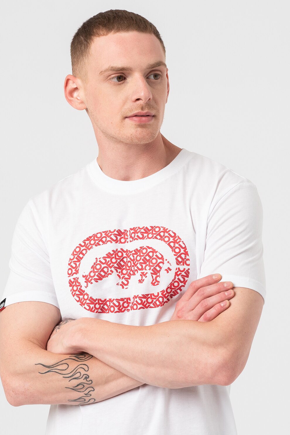 Ecko, Tricou regular fit cu logo Cooper, Alb/Negru