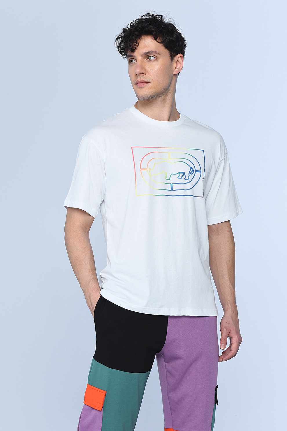 Ecko, Tricou supradimensionat cu imprimeu logo Edwards, Alb/Albastru/Rosu