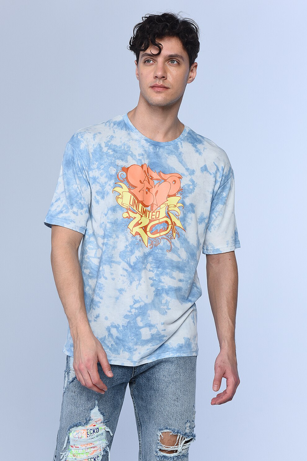 Ecko, Tricou cu logo si model tie-dye, Albastru/Alb/Oranj
