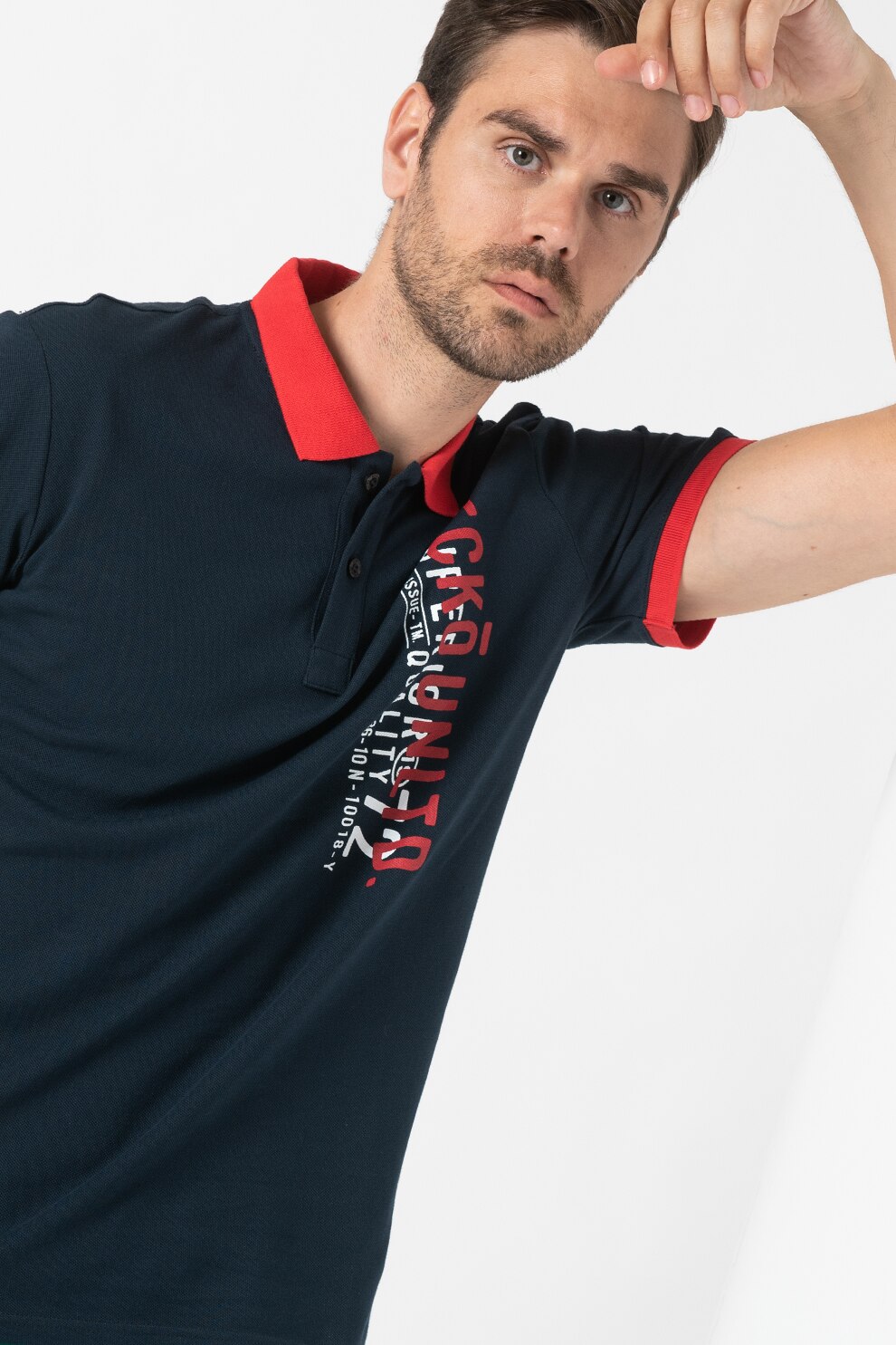 Ecko, Tricou polo din pique cu logo contrastant Davis, Bleumarin/Rosu