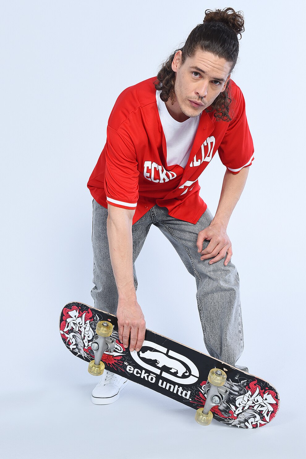 Ecko, Camasa cu imprimeu logo supradimensionat Santiago, Rosu/Alb