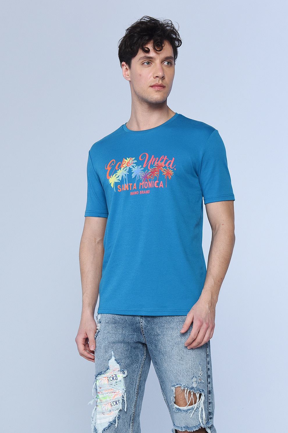 Ecko, Tricou regular fit cu imprimeu, Albastru royal/Corai