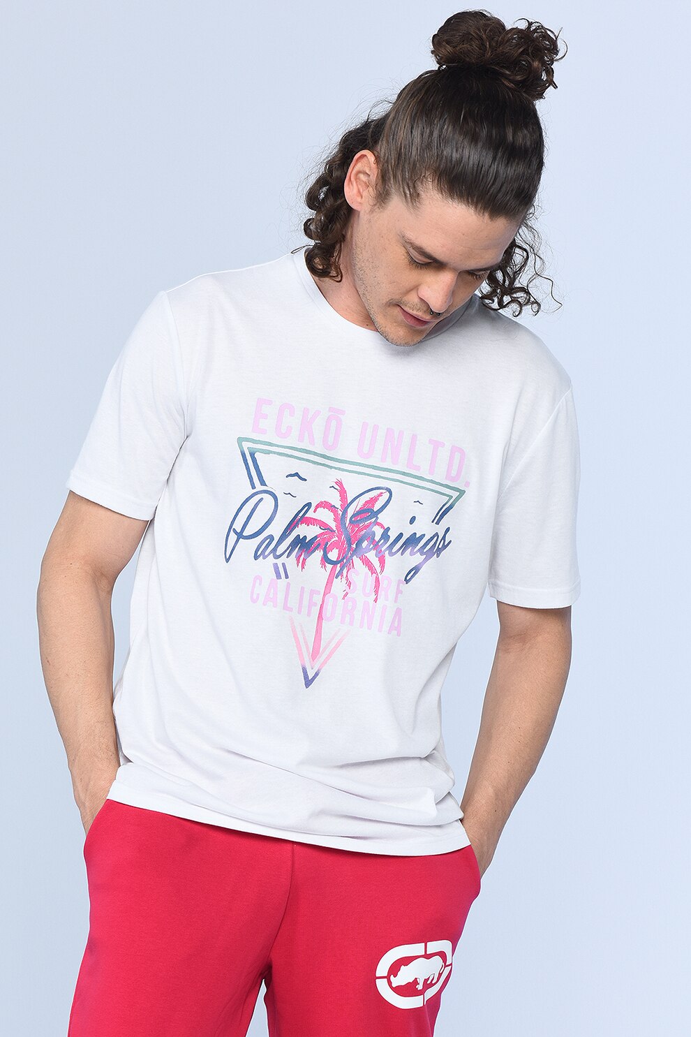 Ecko, Tricou regular fit cu imprimeu frontal Surf, Alb/Roz/Albastru