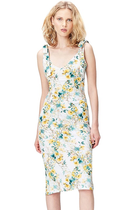 Дамска рокля Find AZ14125-3623396, Флорален мотив, V-образно деколте отпред и отзад, Бял/Жълт, 36 S