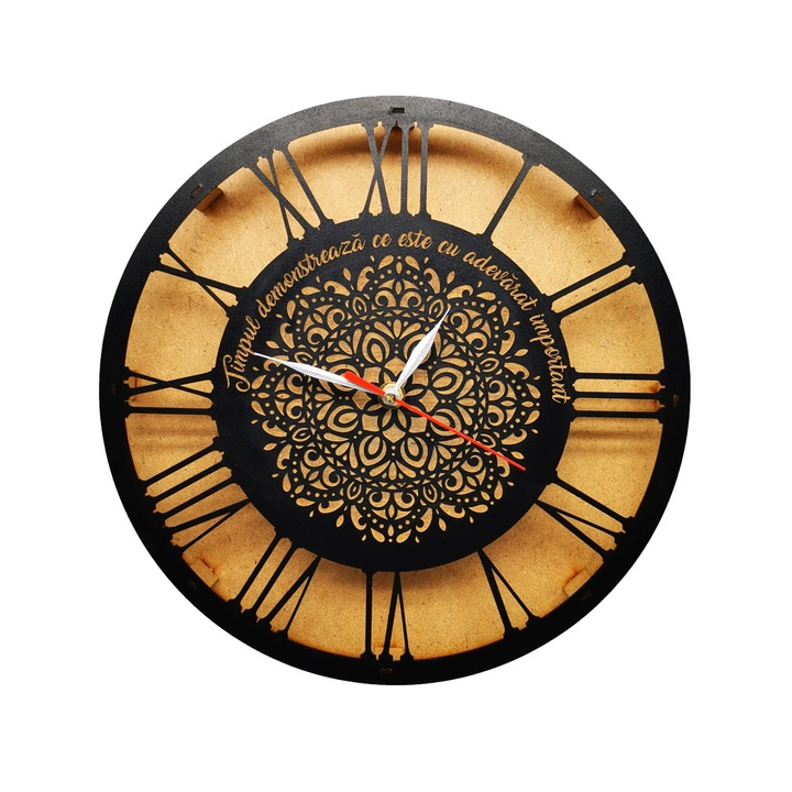 Blank ceas din lemn gravat "Timpul demonstreaza ce este cu adevarat important", Negru, 30 cm