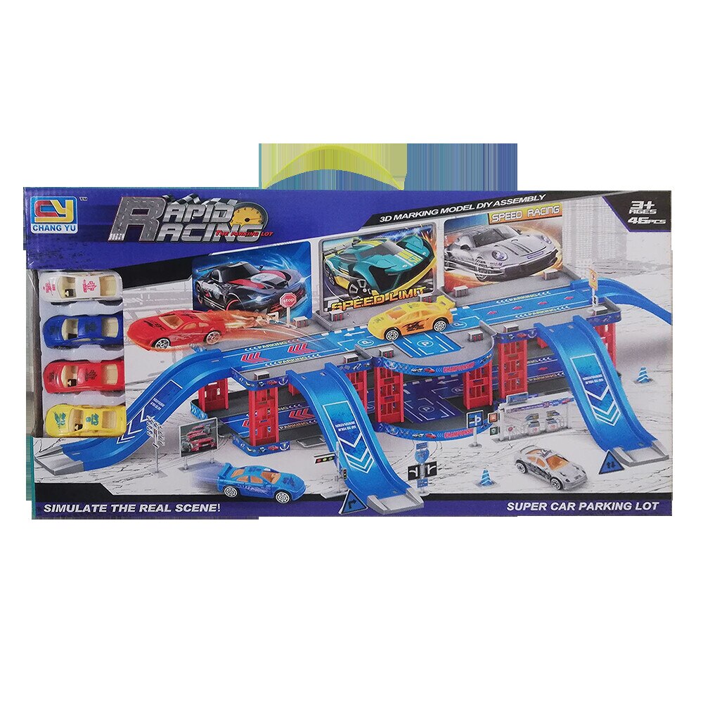 Set parcare masinute 7 in 1 Rapid Racing, 4 masinute, 2 nivele, 46 piese, multicolor
