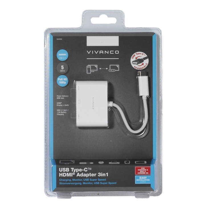 USB Хъб Vivanco 34293, от USB Type C към HDMI, USB 3.1, USB Type C