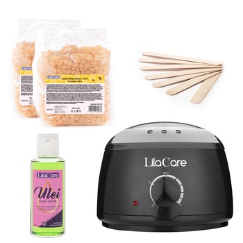 Kit epilare cu ceara granule Honey, cu incalzitor ceara negru Lila Care, 2 x 500 g , 1 x incalzitor ceara, 1 x ulei dupa epilare, 1 x set 10 spatule Kit epilare cu ceara granule Honey, cu incalzitor ceara negru Lila Care, 2 x 500 g , 1 x incalzitor ceara, 1 x ulei dupa epilare, 1 x set 10 spatule