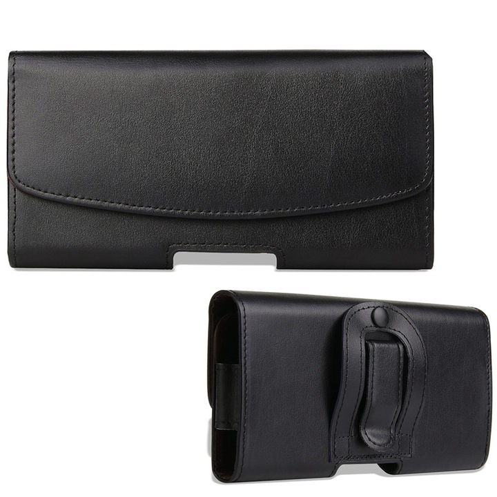 Gigapack tabletvédő fekvő, valódi bőr, univerzális, övre fűzhető, övcsipesz, 4.7 - 5.1" méret, fekete