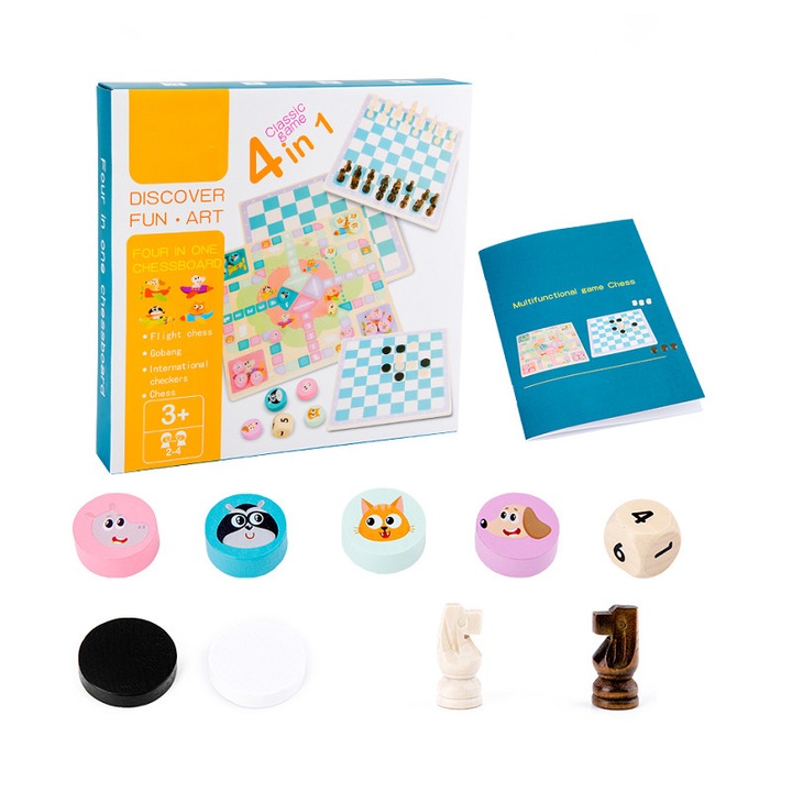 Fa társasjáték 4 az 1-ben, Sakk, Dáma, Gobang, Repülőmodell sakk, + 3 év