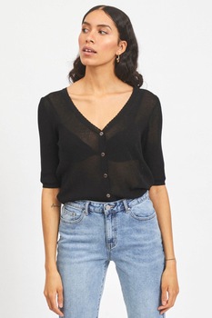 Vila, Cardigan din tricot cu striatii si decolteu in V, Negru, S Vila, Cardigan din tricot cu striatii si decolteu in V, Negru, S