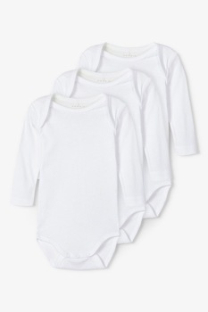 NAME IT, Set 3 body-uri din bumbac organic, unisex, maneca lunga, uni, Alb, Alb NAME IT, Set 3 body-uri din bumbac organic, unisex, maneca lunga, uni, Alb, Alb