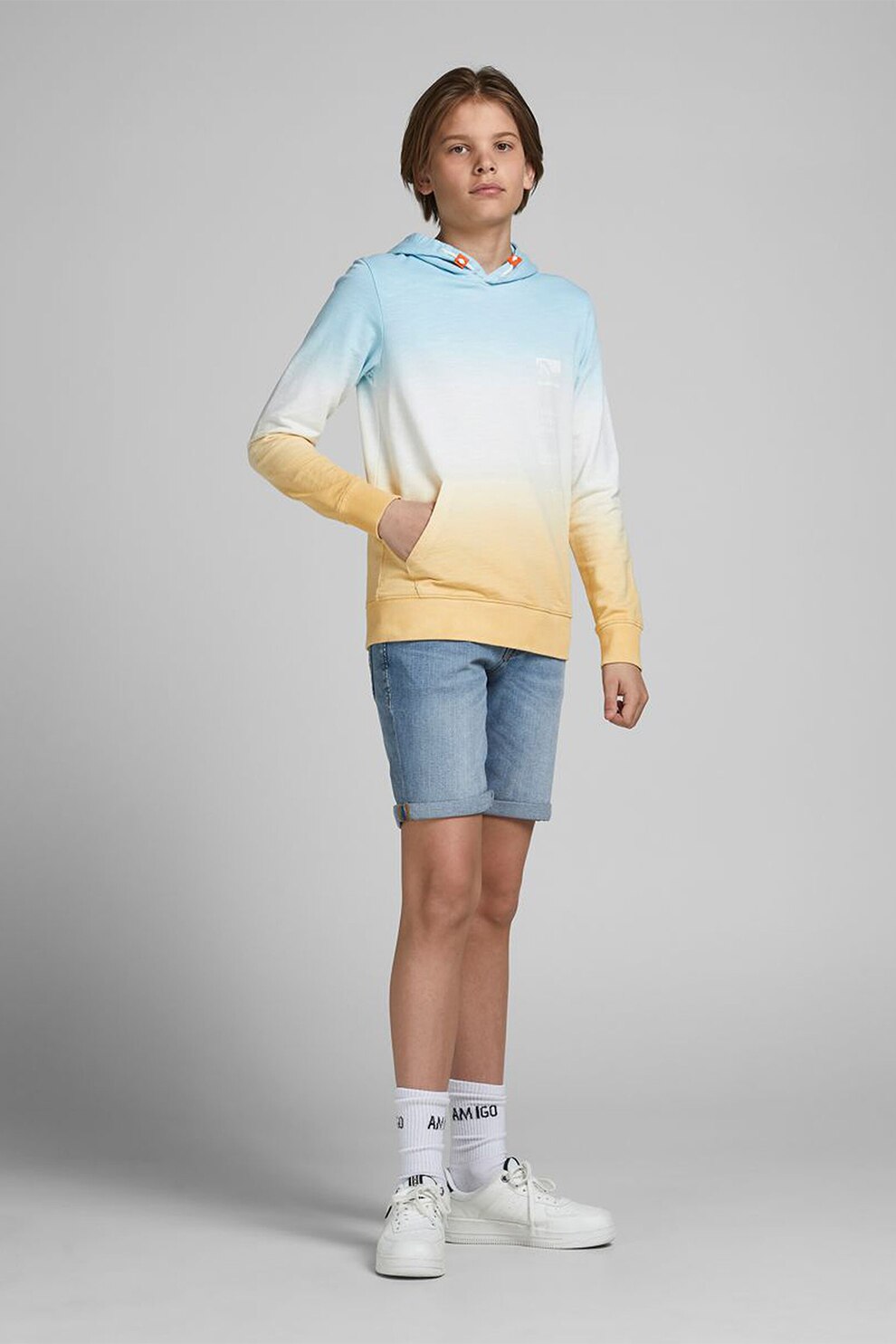 Jack&Jones, Bermude din denim cu terminatii plisate, Albastru deschis