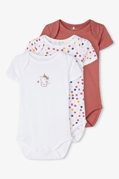 NAME IT, Set 3 body-uri din bumbac organic, fete, cu maneca scurta, Alb/Roz prafuit, Alb/Roz prafuit, 50 CM NAME IT, Set 3 body-uri din bumbac organic, fete, cu maneca scurta, Alb/Roz prafuit, Alb/Roz prafuit, 50 CM