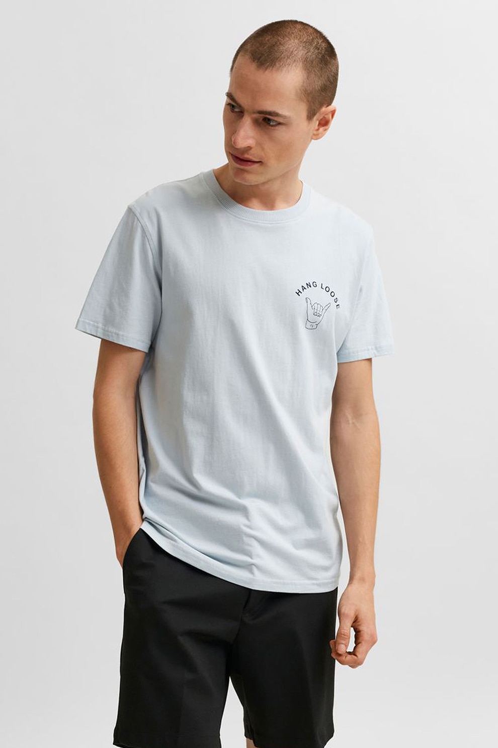 Selected Homme, Tricou din bumbac organic cu imprimeu text, Albastru pastel