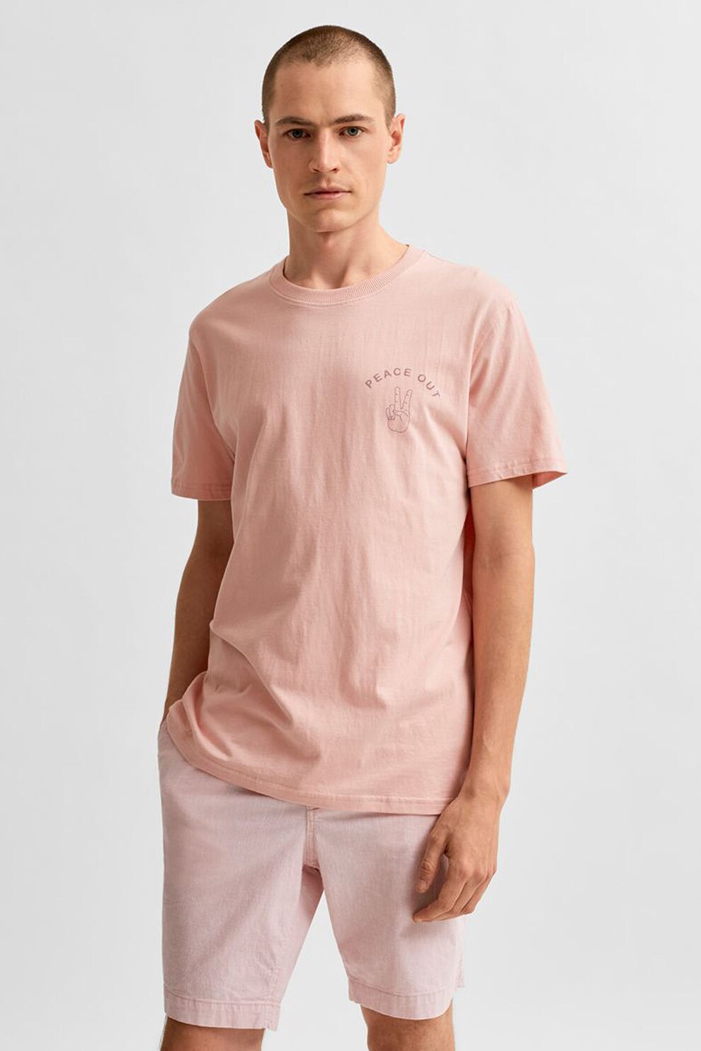 Selected Homme, Tricou din bumbac organic cu imprimeu text, Roz pastel