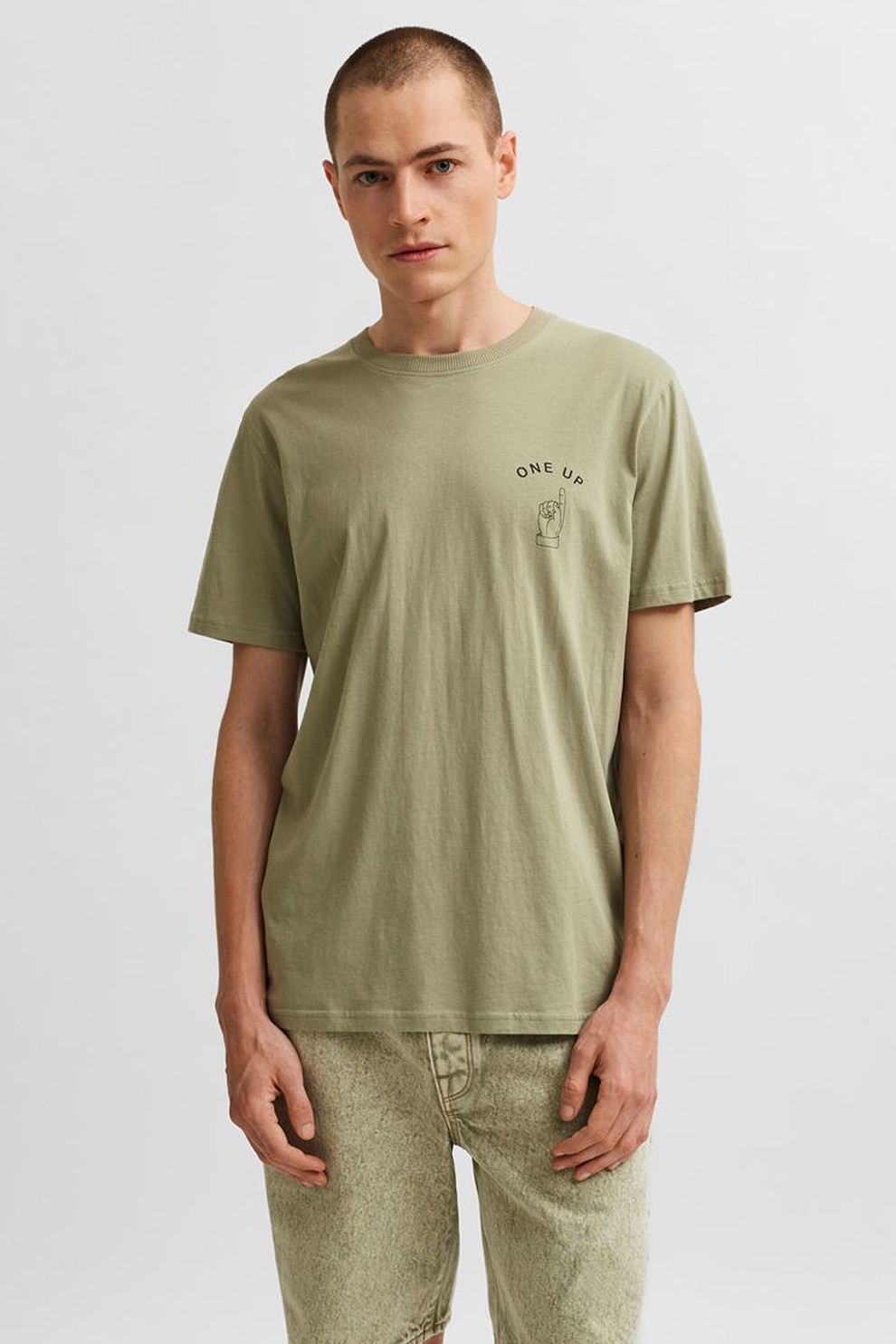 Selected Homme, Tricou din bumbac organic cu imprimeu text, Verde sparanghel