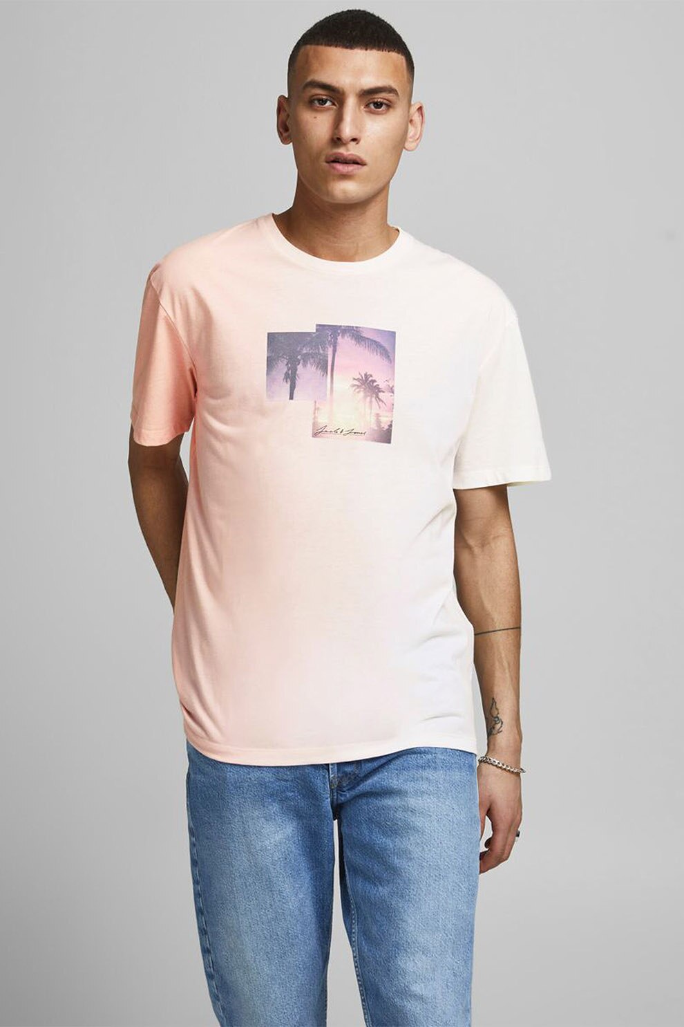 Jack&Jones, Tricou lejer cu imprimeu, Roz pastel/Alb