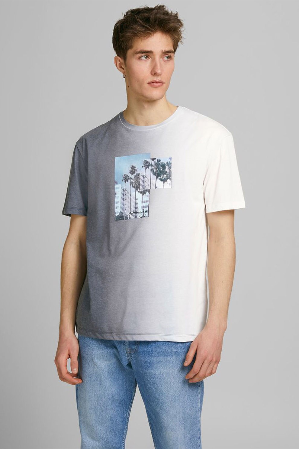 Jack&Jones, Tricou lejer cu imprimeu, Albastru prafuit/Alb