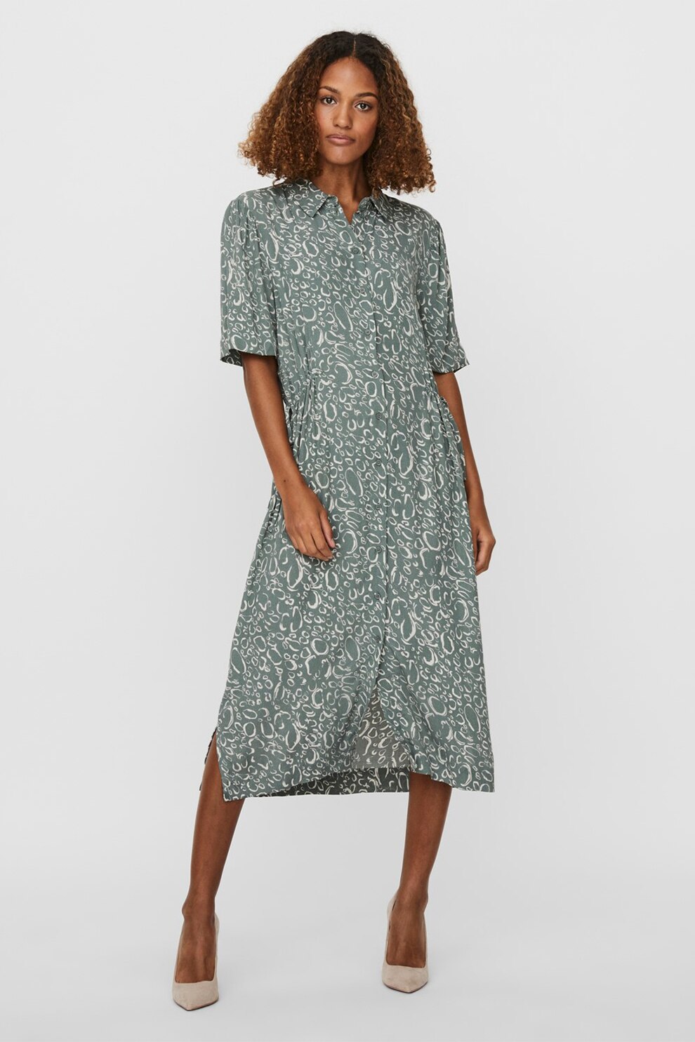 Vero Moda, Rochie midi tip camasa cu imprimeu, Gri cenusa/Alb, S