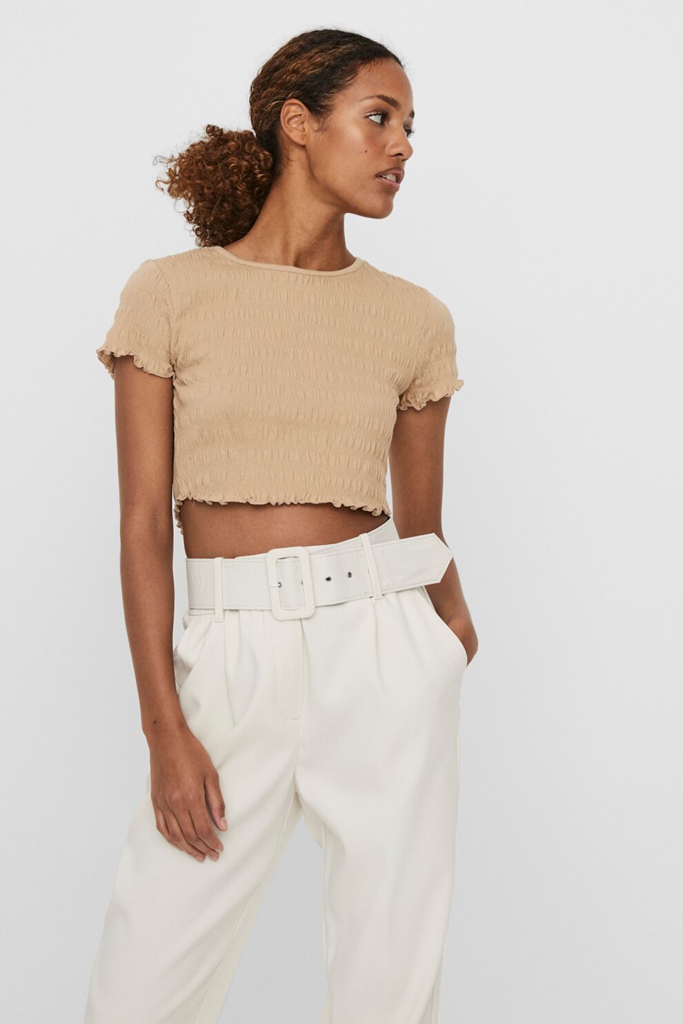Vero Moda, Bluza crop cu aspect texturat Scarlett, Maro camel