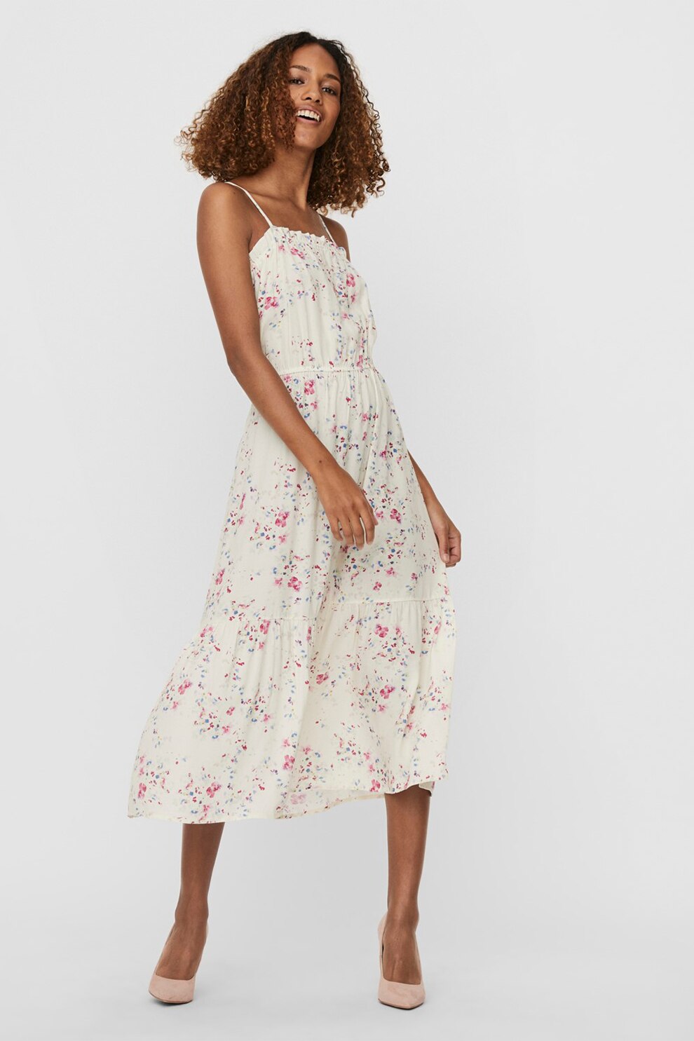 Vero Moda, Rochie midi cu imprimeu si bretele ajustabile, Bej, L
