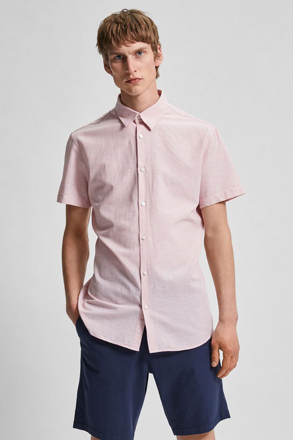 Selected Homme, Camasa slim fit din amestec de bumbac organic, Roz pastel