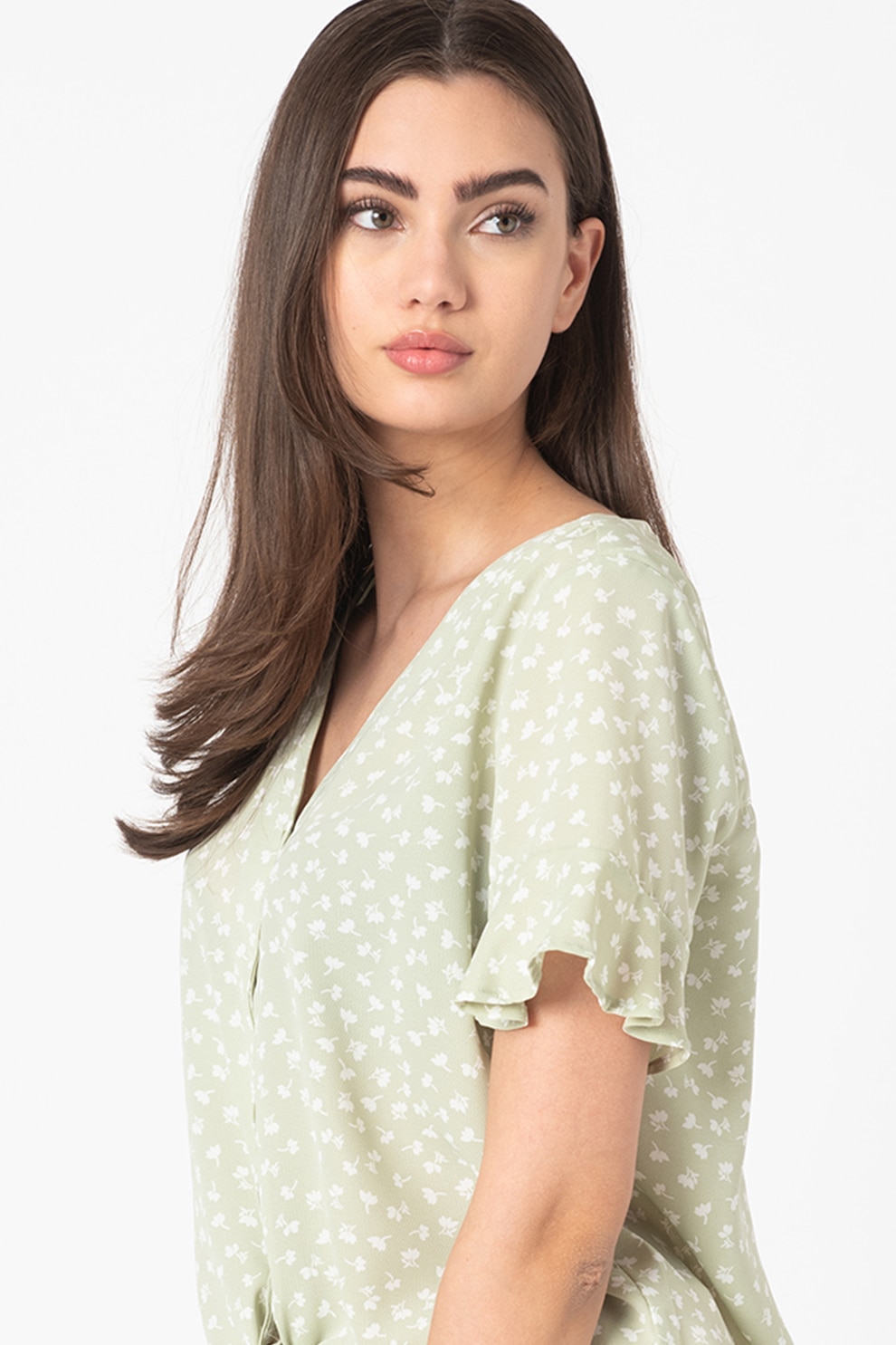 Only, Camasa cu maneci scurte si cordon in partea din fata Monzoom, Verde pal/Alb