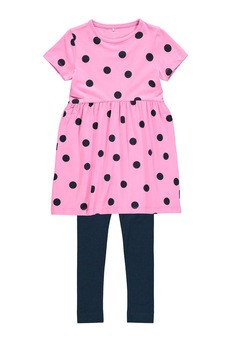 NAME IT, Set de rochie si colanti din amestec de bumbac organic, Roz/Bleumarin NAME IT, Set de rochie si colanti din amestec de bumbac organic, Roz/Bleumarin