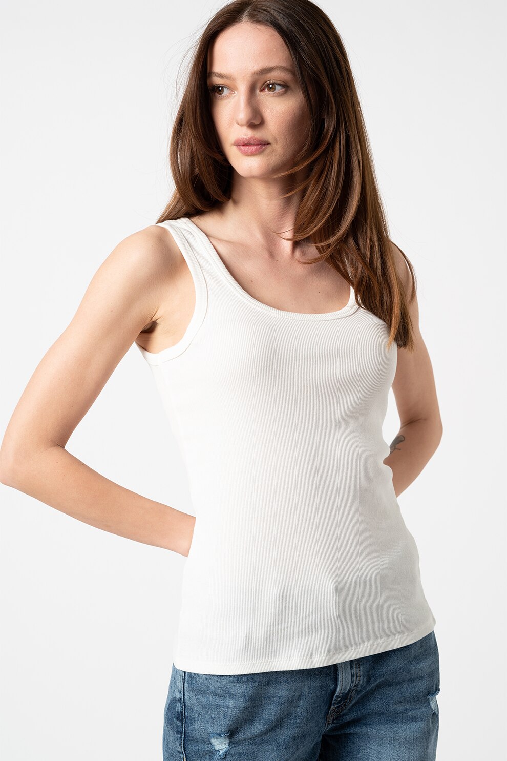 Vero Moda, Set de topuri cu striatii Jessica - 2 piese, Alb/Maro camel