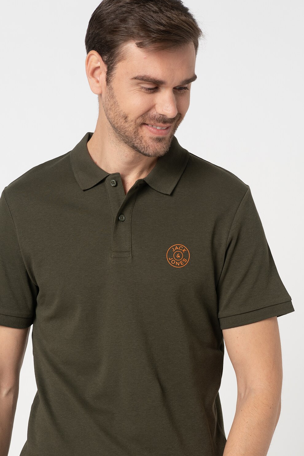 Jack&Jones, Tricou polo din jerseu de bumbac cu imprimeu logo discret, Verde forest, S