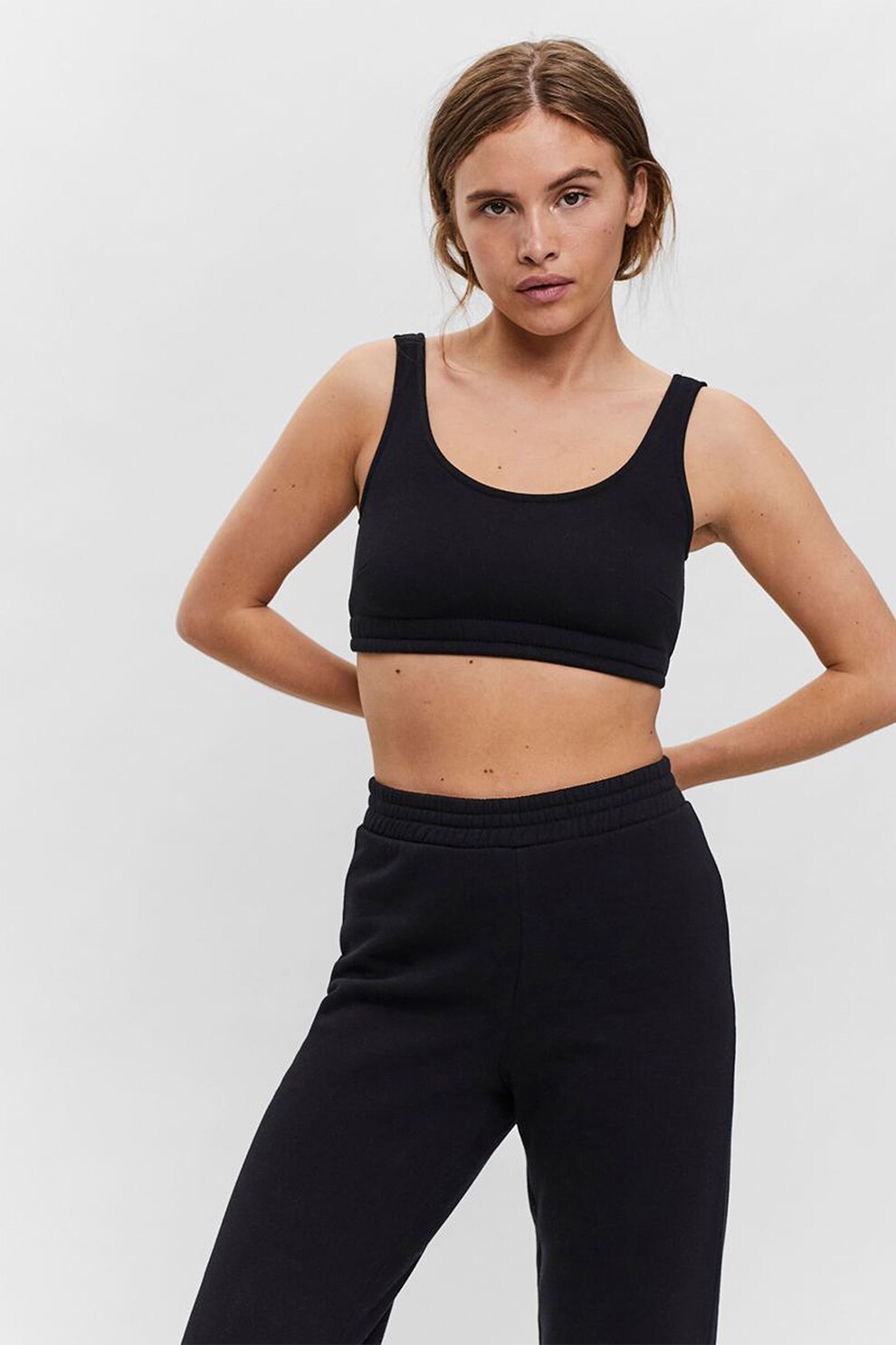 Vero Moda, Top crop cu terminatie elastica Sweat, Negru