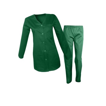Costum medical de dama maneca lunga, bluza cu capse si pantaloni cu elastic, Verde Inchis, M